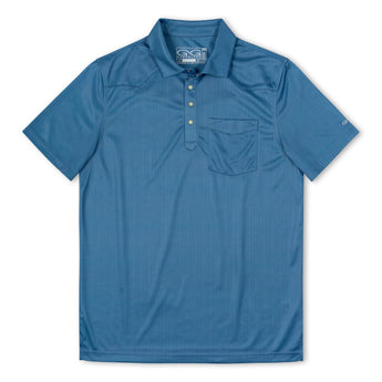 A blue short-sleeve polo shirt with a three-button placket and a chest pocket, shown flat against a white background.