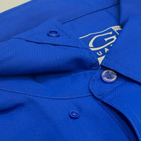 HydroBlue Classic MicroFiber shirt closeup showing button under collar.