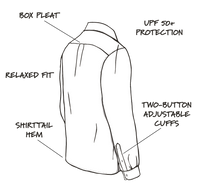 Box pleat. UPF 50+ Protection. Relaxed fit. Two-button adjustable cuffs. Shirttail hem. Drawing of the back of a shirt.