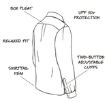 Box pleat. UPF 50+ Protection. Relaxed fit. Two-button adjustable cuffs. Shirttail hem. Drawing of the back of a shirt.
