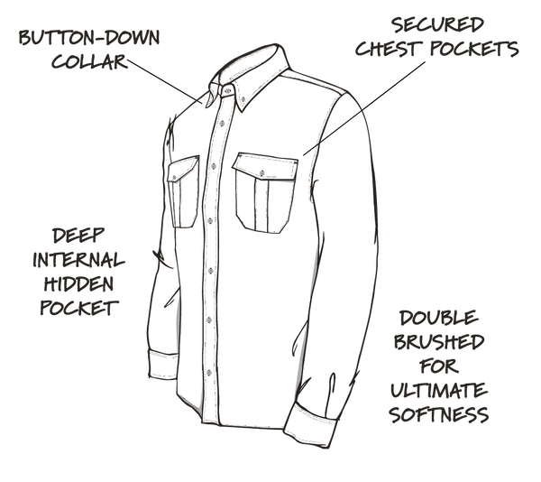 Button-Down Collar. Secured chest pockets. Deep internal hidden pocket. Double brushed for ultimate softness. Drawing of a shirt.