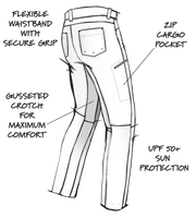 Flexible waistband with secure grip. Zip cargo pocket. Gusseted crotch for maximum comfort. UPF 50+ Sun protection. Drawing of pants from the back.