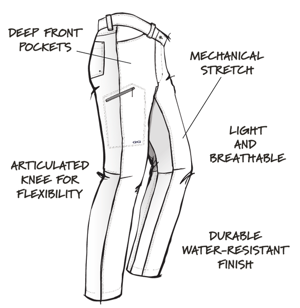 Deep front pockets. Mechanical stretch. Articulated knee for flexibility. Light and breathable. Durable water-resistant finish. Drawing of pants.